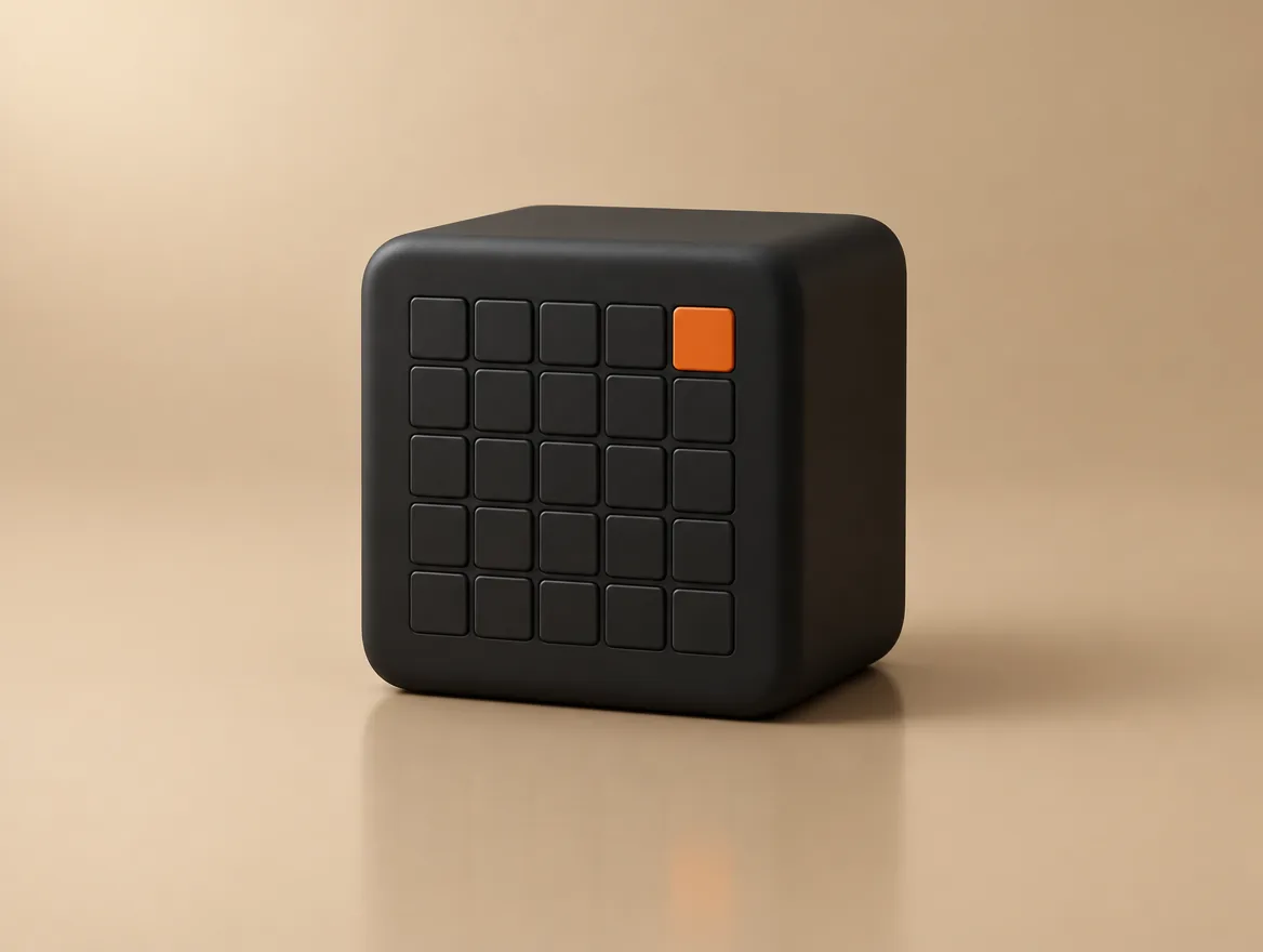 A 3D render of a dark calendar block on a warm tan floor with one square filled burnt orange.