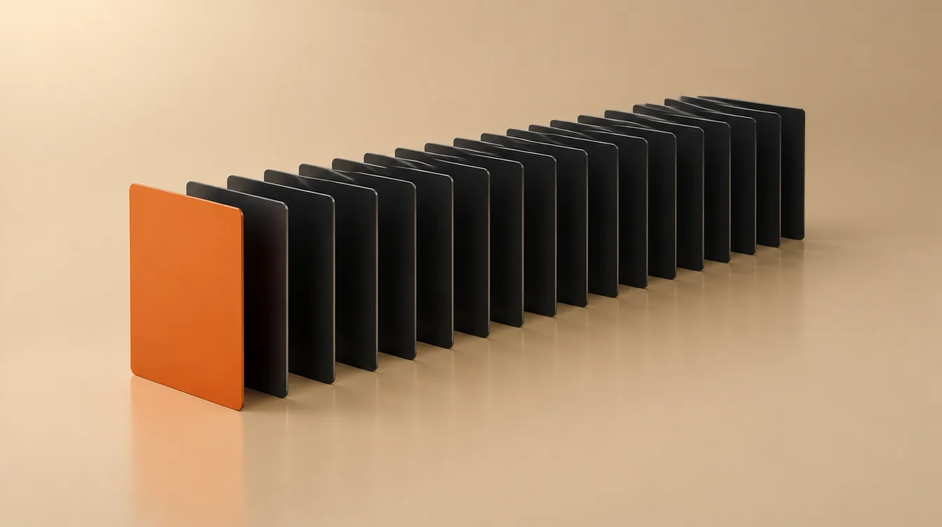 A 3D render of twenty thin dark cards standing in a row on a warm tan floor, the front one burnt orange.